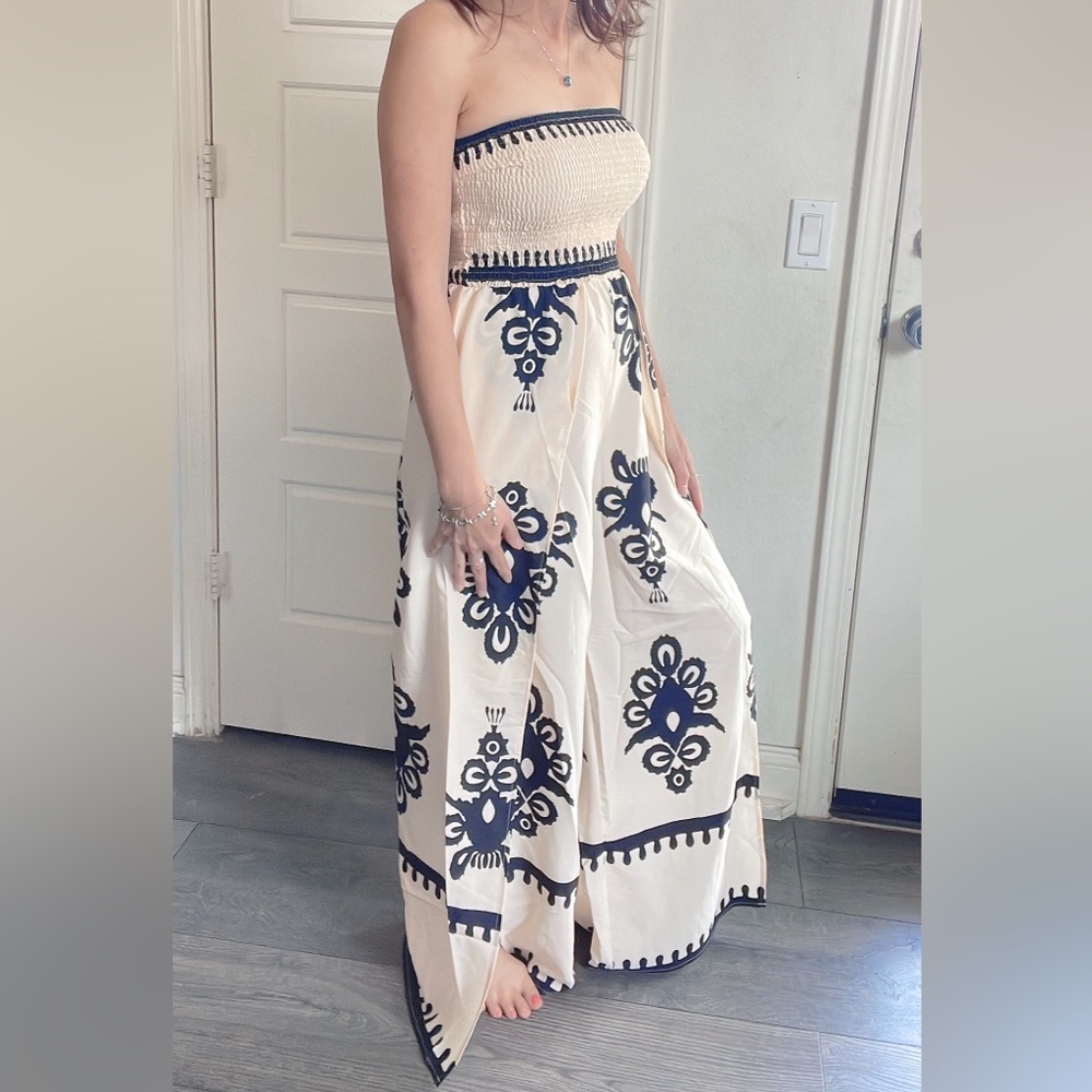 BellanBlue Strapless Cream and Black Jumpsuit - Picture 2 of 13